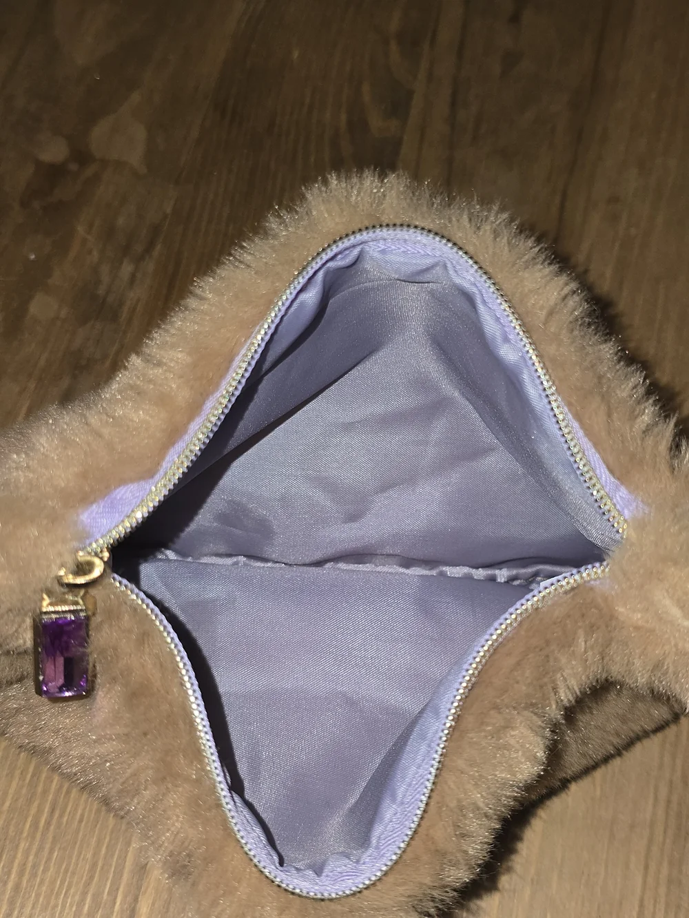 IPSY Caramel Faux Fur Glam Bag Clutch Lavender Crystal Zipper
